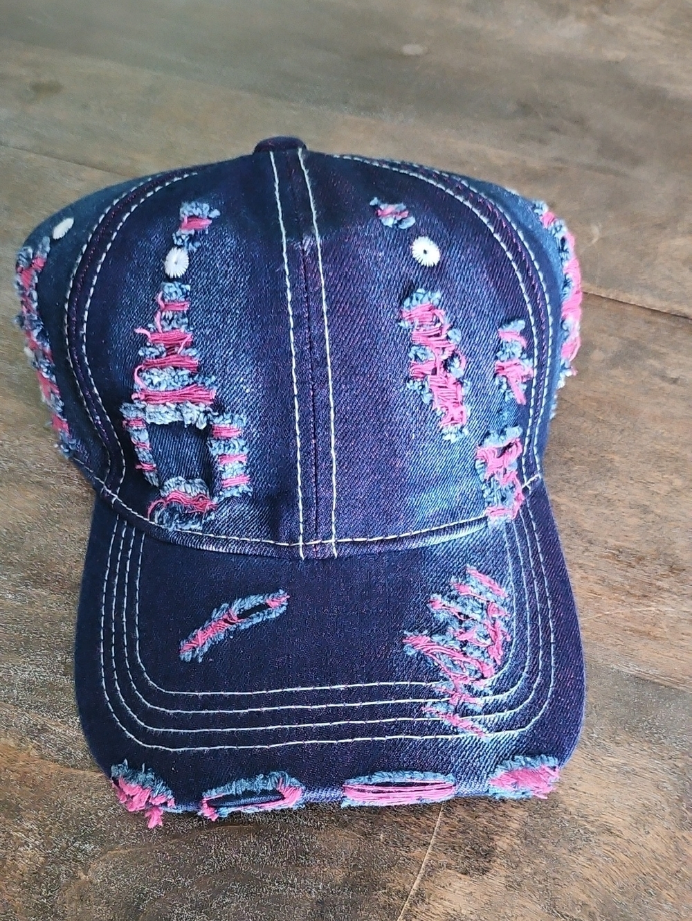 NWT Denim Distressed Baseball Cap With Hot Pink Green Accents